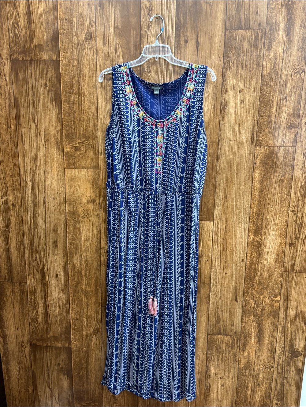Falls Creek Navy Blue Printed Sleeveless Maxi Dress with Embroidered Neckline